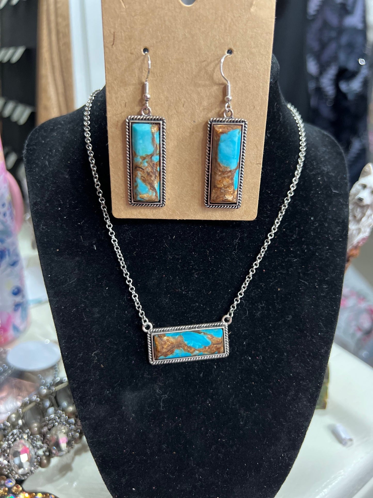 Turquoise and Brown Fashion Bar Necklace Set - 16 inch Cedar Hill Country Market