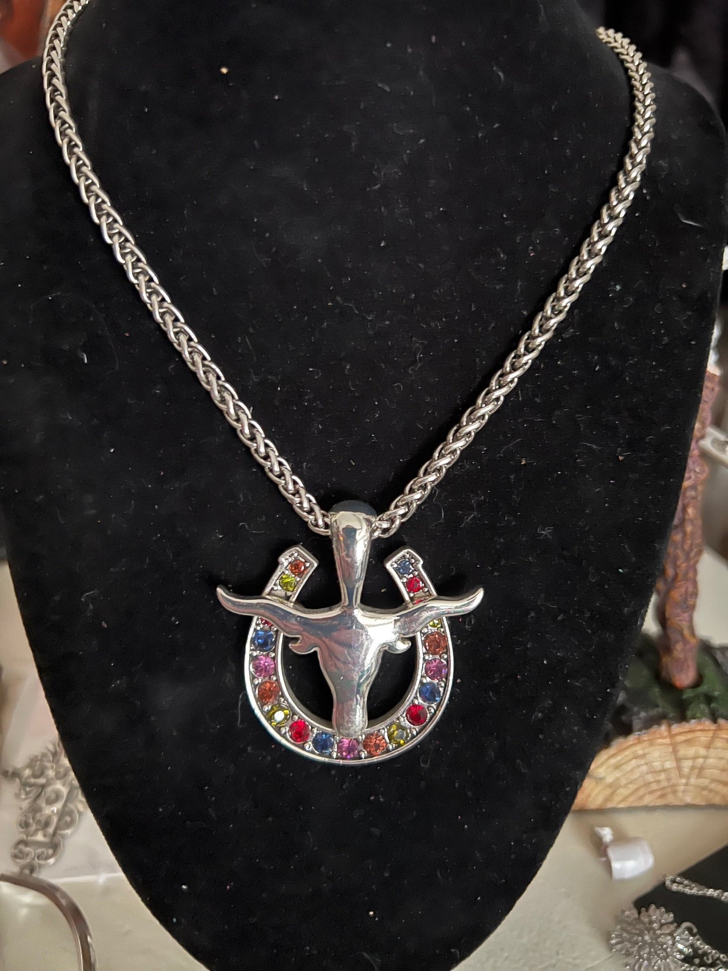 Silver Multi-Stone Bull Head Pendant with Snake Chain - 18 inch Cedar Hill Country Market