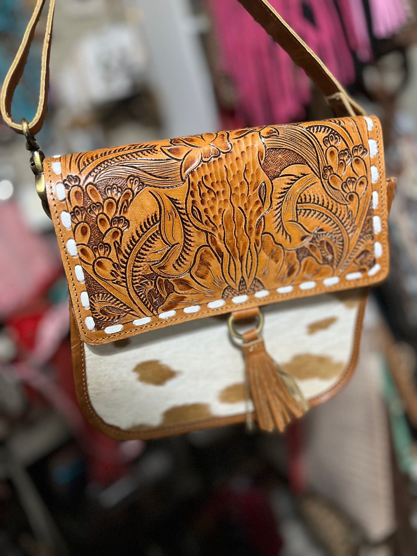 Longhorn Hand Tooled Leather Crossbody Handbag Cedar Hill Country Market