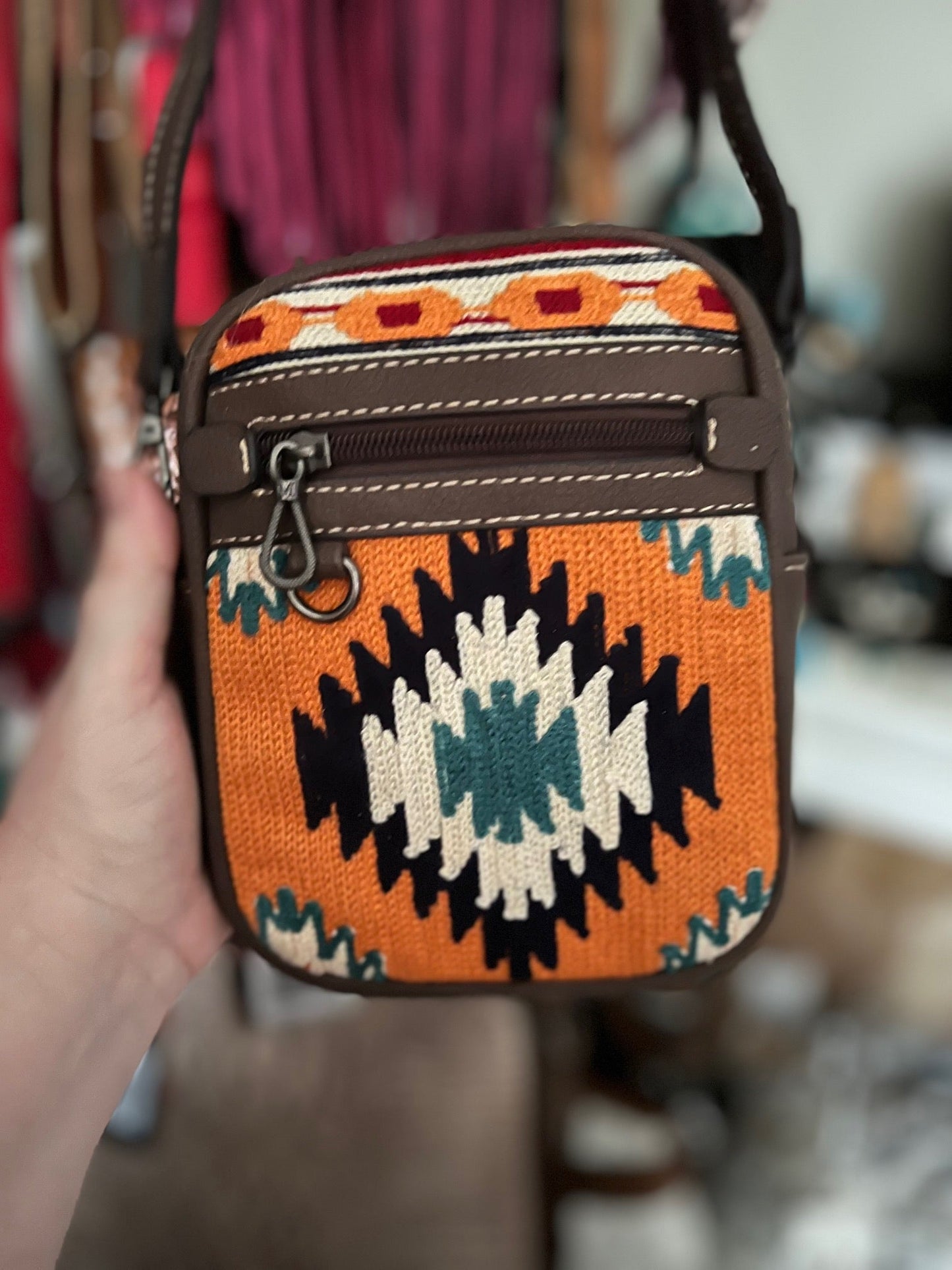 Orange and Black Aztec Saddle Blanket Crossbody Cedar Hill Country Market