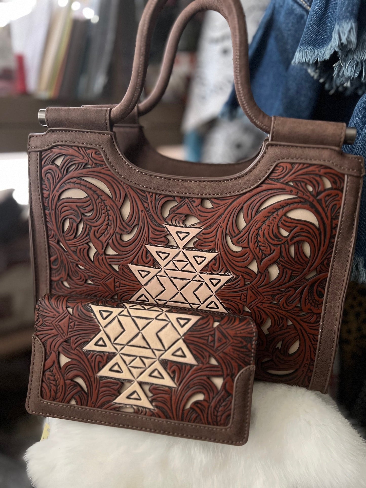 Floral Aztec Tooled Crossbody Dual Handle Handbag with Wallet Cedar Hill Country Market
