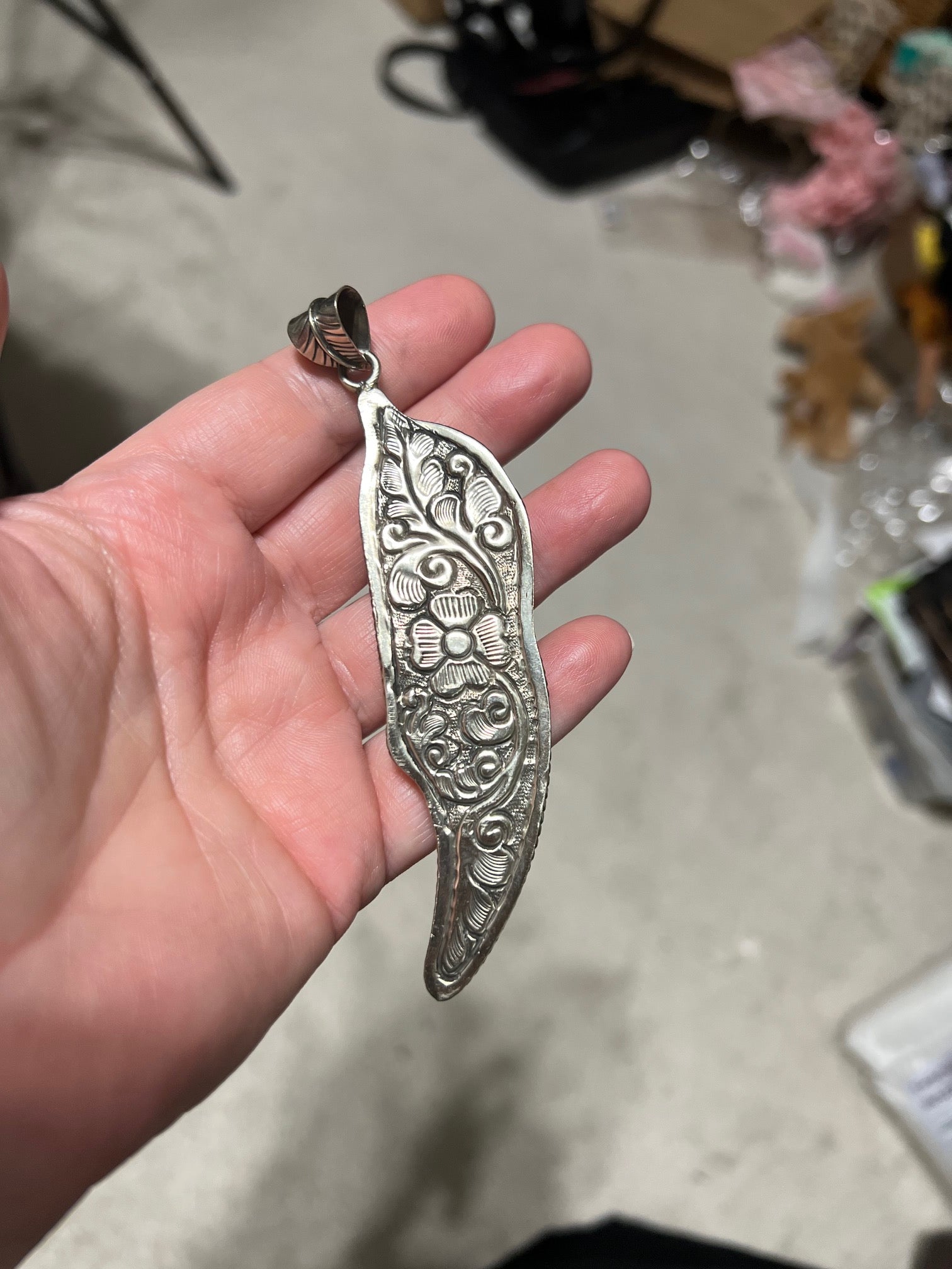 Genuine Turquoise and Hand Carved Bone Tibetan Silver Feather Pendant - 4 inch Cedar Hill Country Market