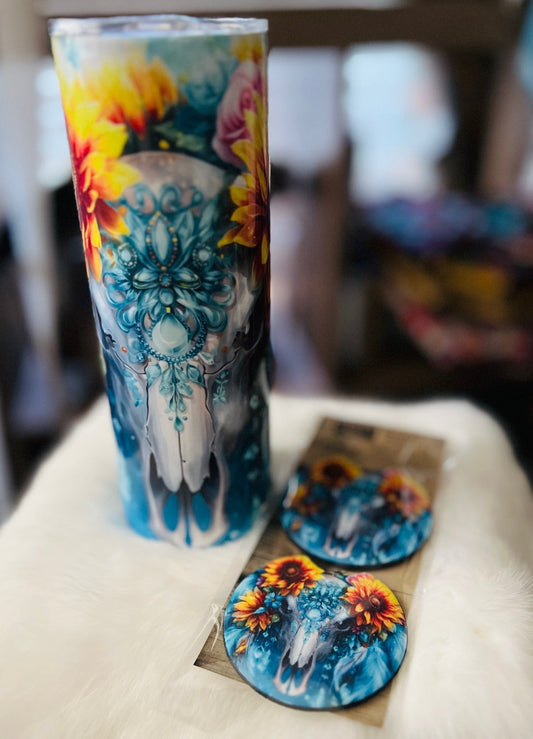 Turquoise and Sunflower Bull Tumbler Cedar Hill Country Market