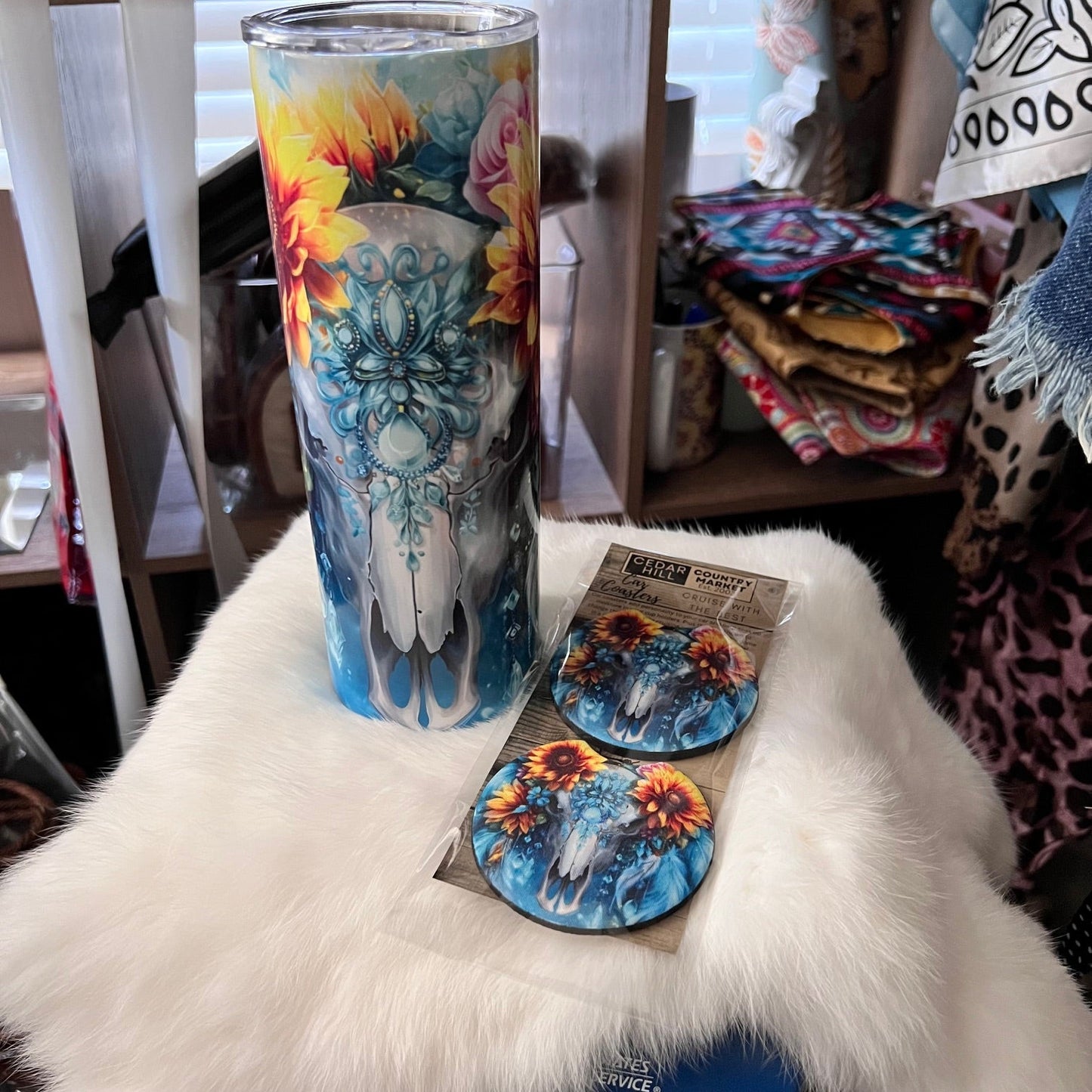 Turquoise and Sunflower Bull Tumbler Cedar Hill Country Market