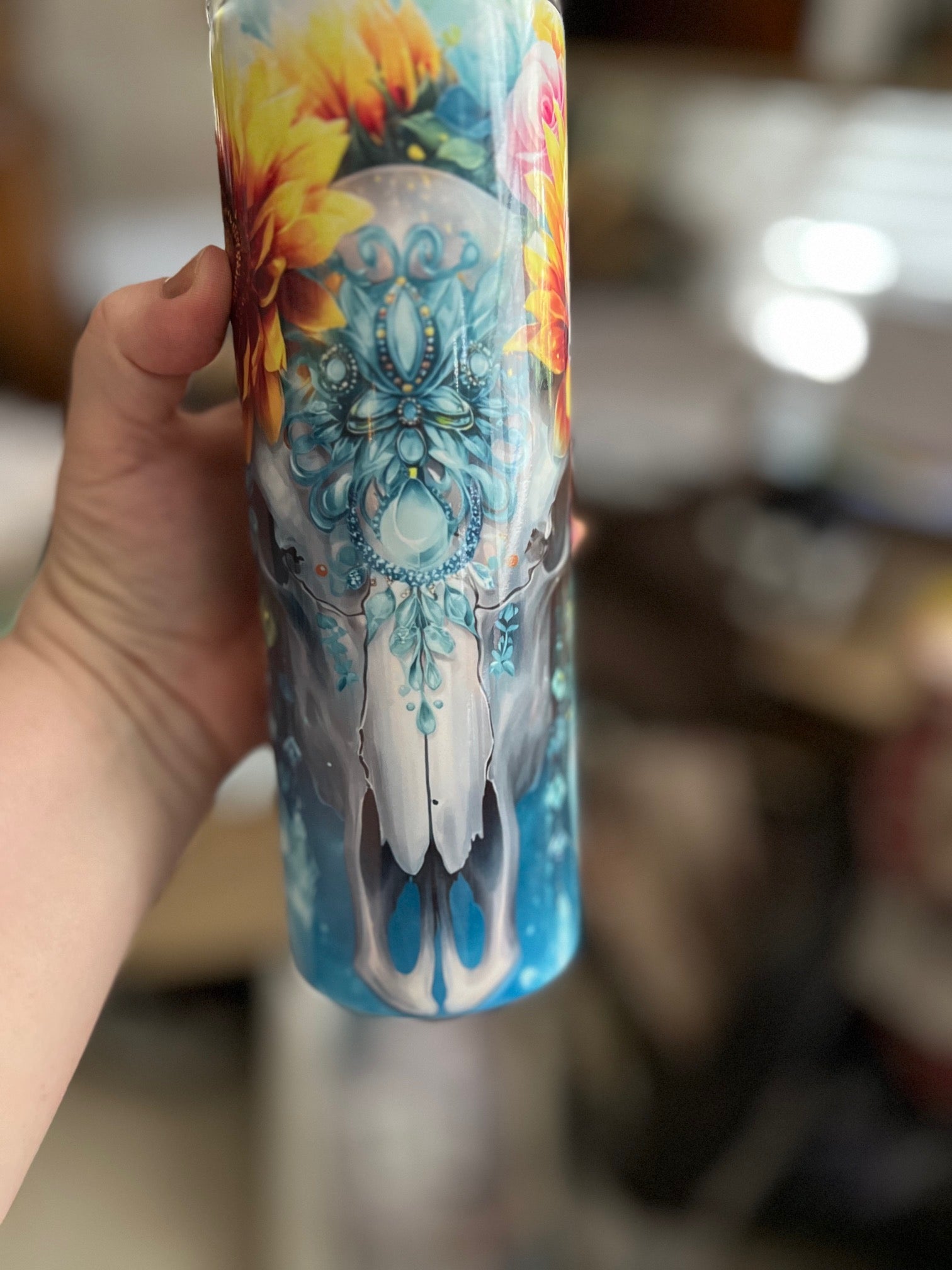 Turquoise and Sunflower Bull Tumbler Cedar Hill Country Market