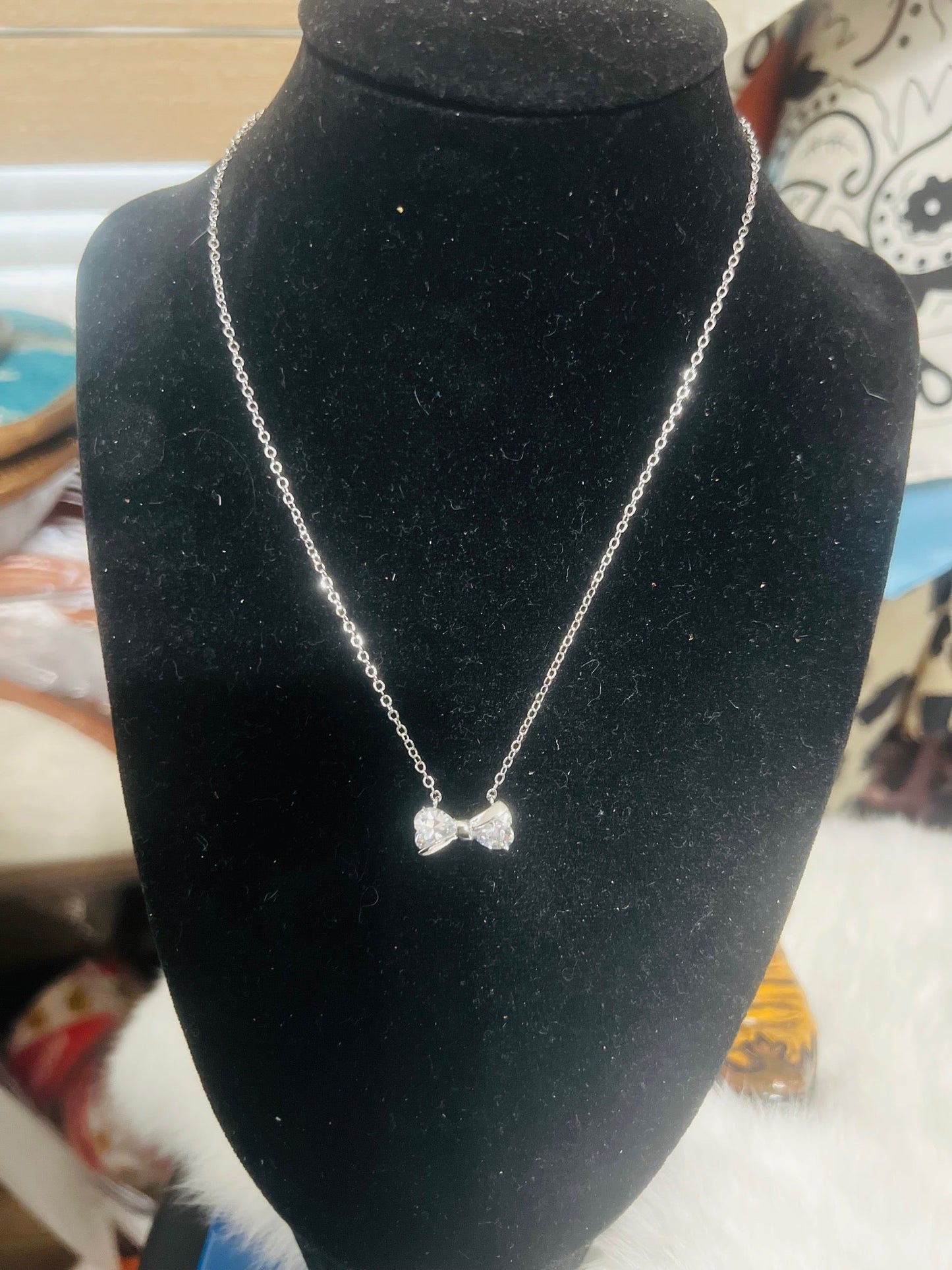 Silver Plated, CZ Mini Bow Necklace - 16 inch Cedar Hill Country Market