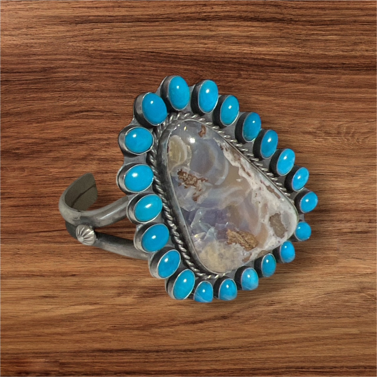 Ned Nez Navajo Signed Navajo Sterling Silver & Turquoise/Agate Cuff - Signed No.102 Cedar Hill Country Market