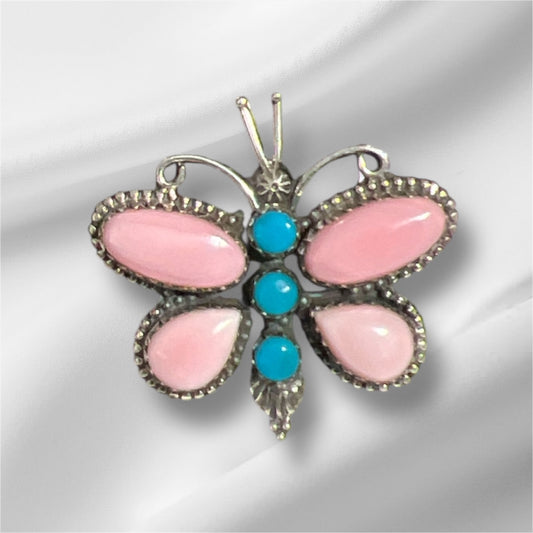 Genuine Pink Conch and Turquoise Sterling Silver Butterfly - Size 8 No. 136 Cedar Hill Country Market