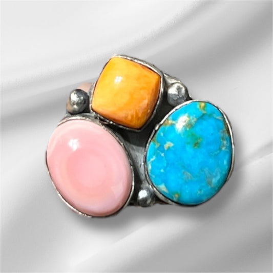 Navajo Handmade Triple Threat Pink Conch Spiny and Turquoise Sterling Silver Adjustable Ring No 415 Cedar Hill Country Market