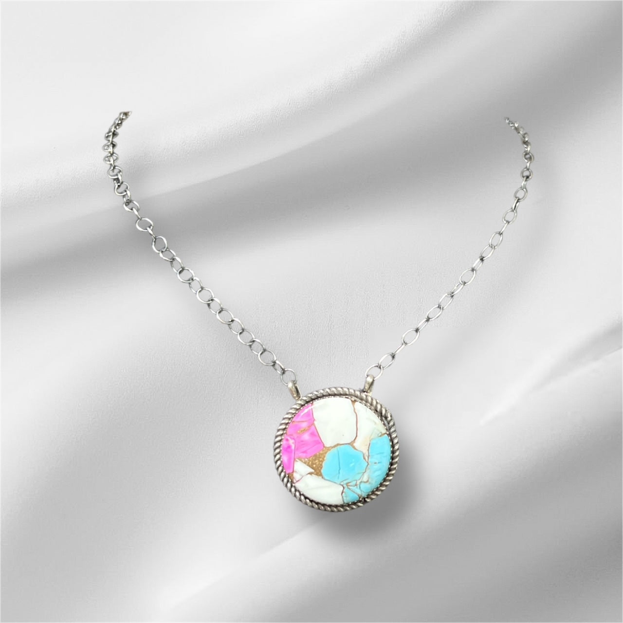 Artist Tia Long Navajo Handmade Round Cotton Candy Pendant Necklace - No 410 Cedar Hill Country Market