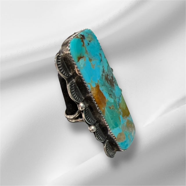 Navajo Handmade SS Kingman Turquoise Bar Ring - Artist Tia Long Cedar Hill Country Market