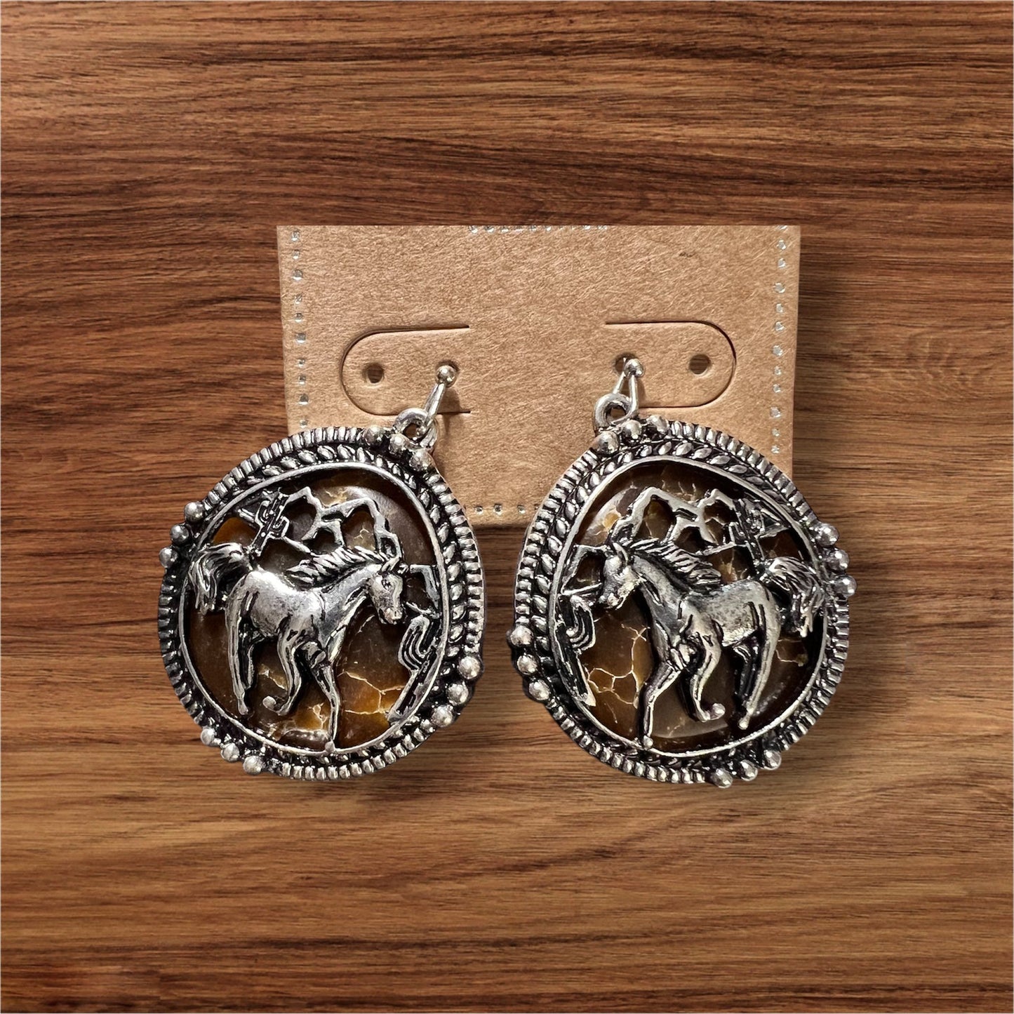 Fashion Silver/Brown Horse Pendant Earrings 1028 CedarHill Country Market