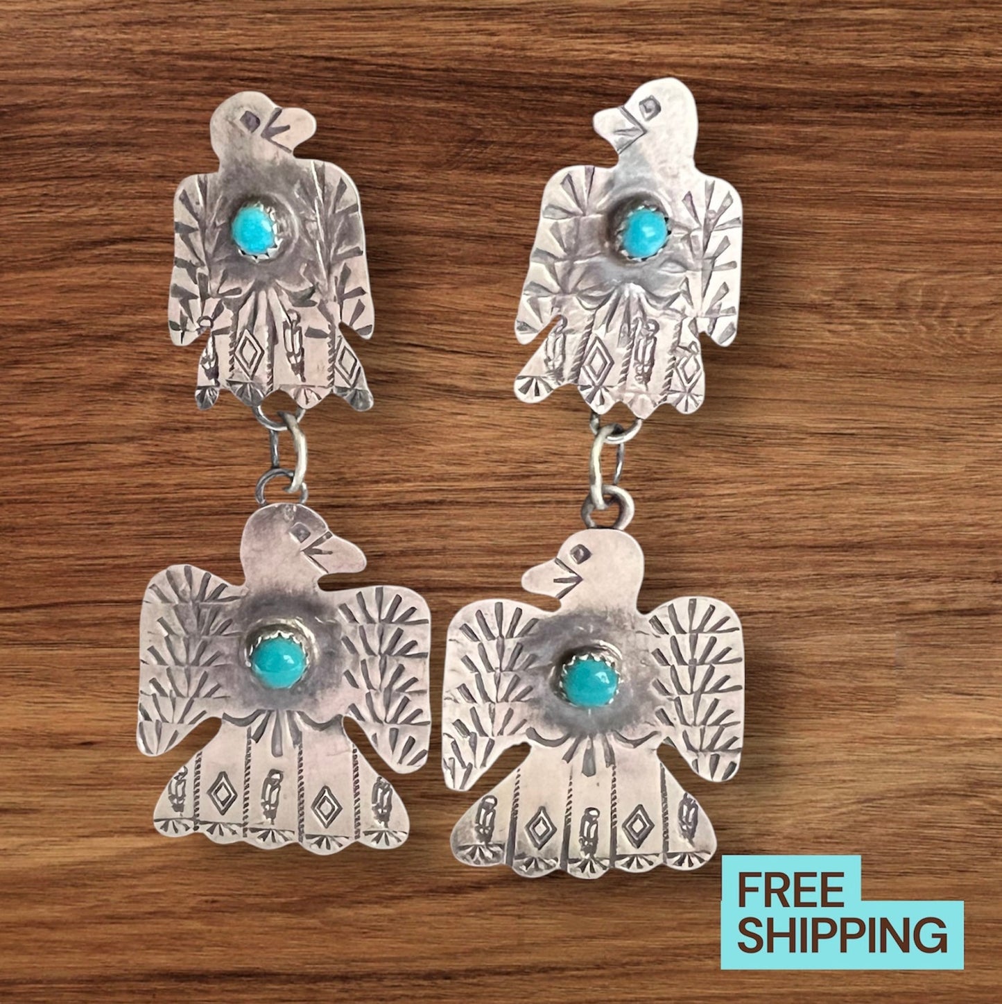 Native American Handmade Sterling Silver and Turquoise Thunderbird Earring Dangles - Artist Gabriella Yazzie Cedar Hill Country Market