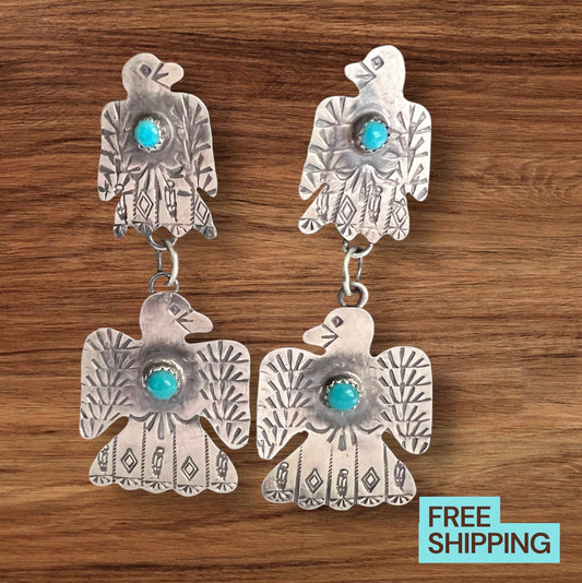 Native American Handmade Sterling Silver and Turquoise Thunderbird Earring Dangles - Artist Gabriella Yazzie Cedar Hill Country Market