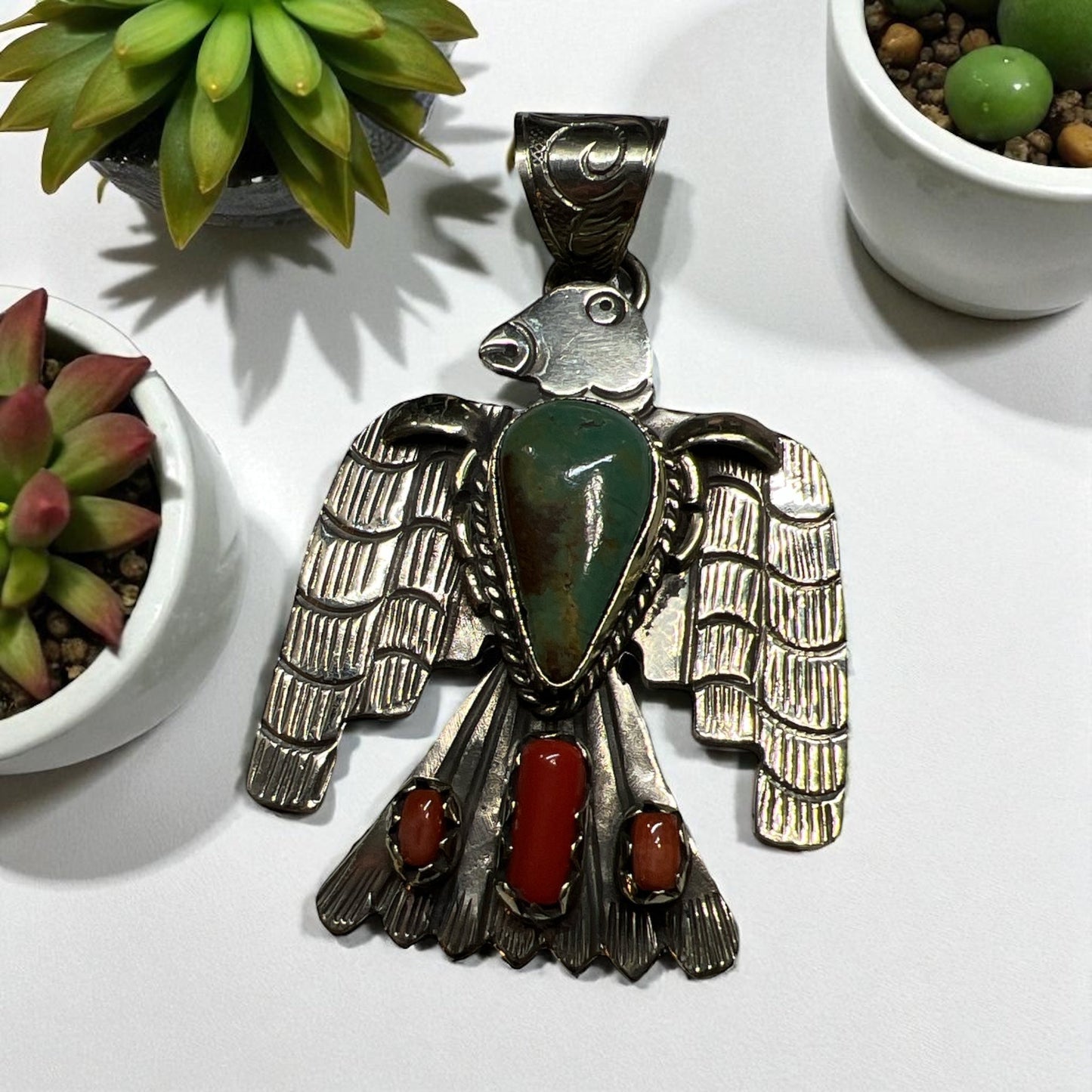 Native Inspired Genuine Turquoise and Coral Stoned Thunderbird Pendant on Tibetan Silver Cedar Hill Country Market