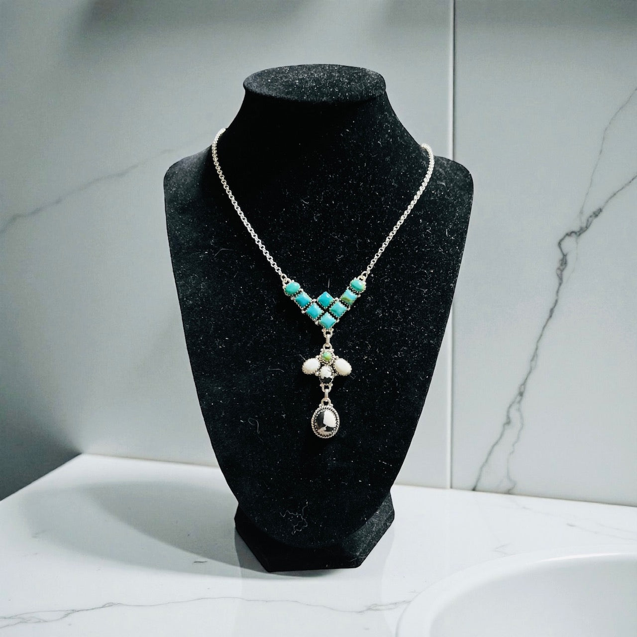 Genuine Wild Buffalo and Kingman Turquoise 18" Sterling Silver Necklace Cedar Hill Country Market