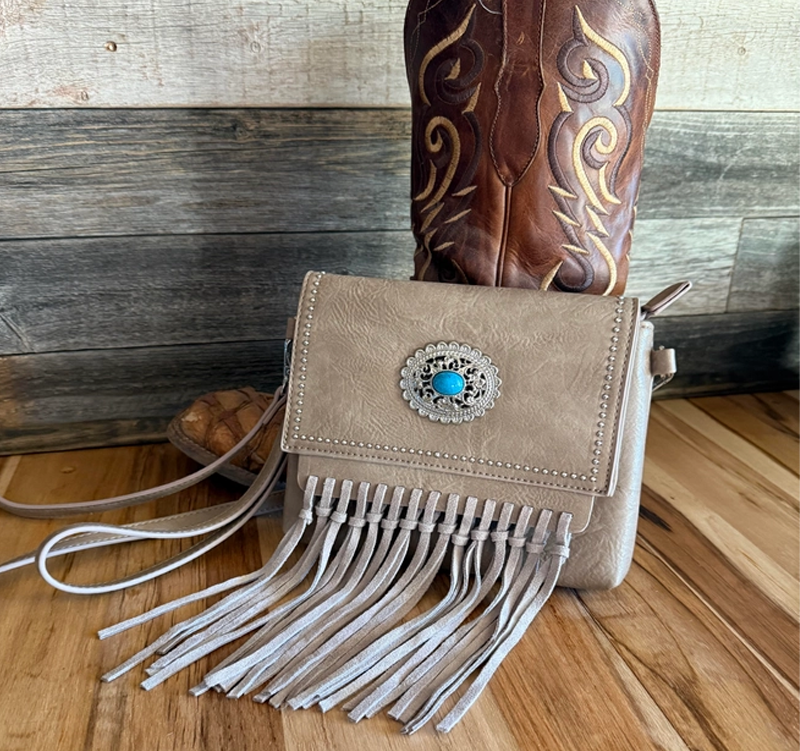 Genuine Leather Fringe Crossbody with Silver and Turquoise Concho Handbag Cedar Hill Country Market