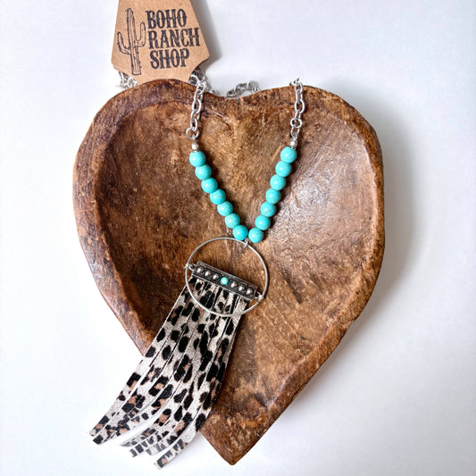 Western Boho Leather Tassel Pendant and Stone Long Necklace Boho Ranch Shop