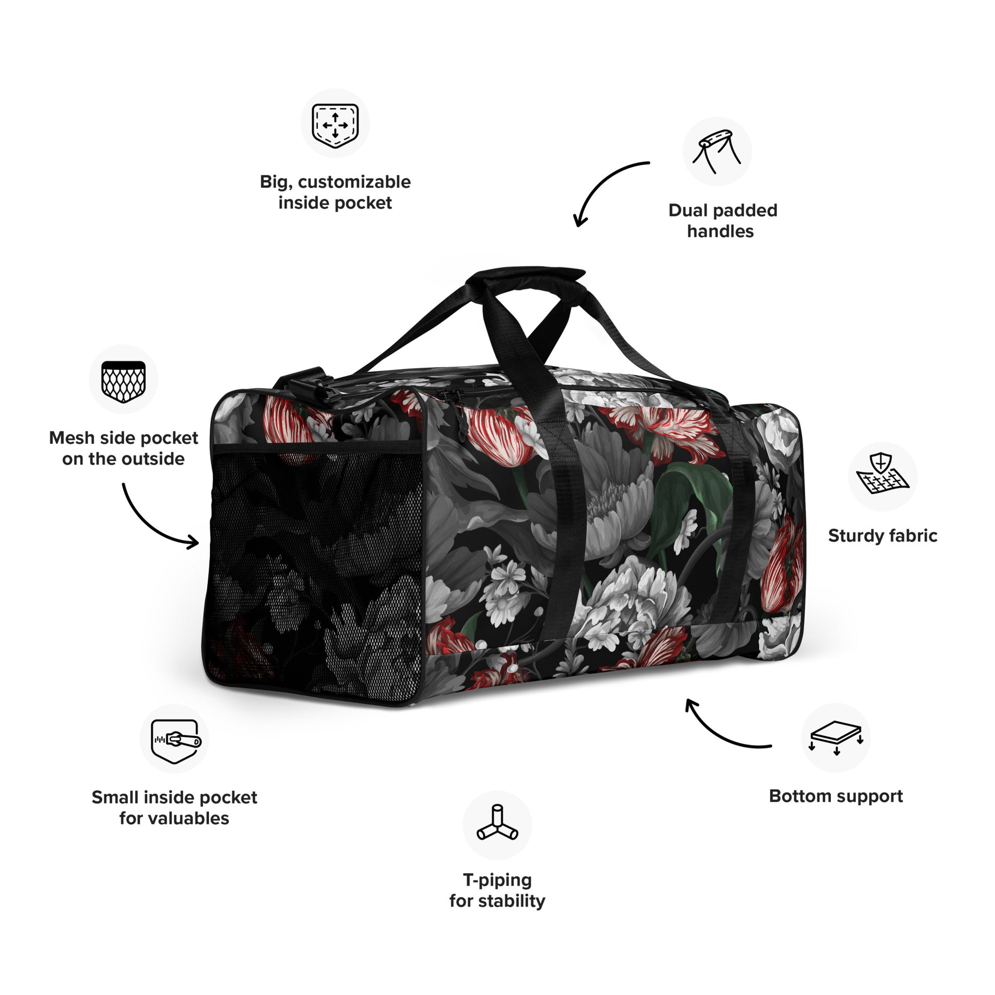 Gothic Black and Red Peony Duffle bag CedarHill Country Market
