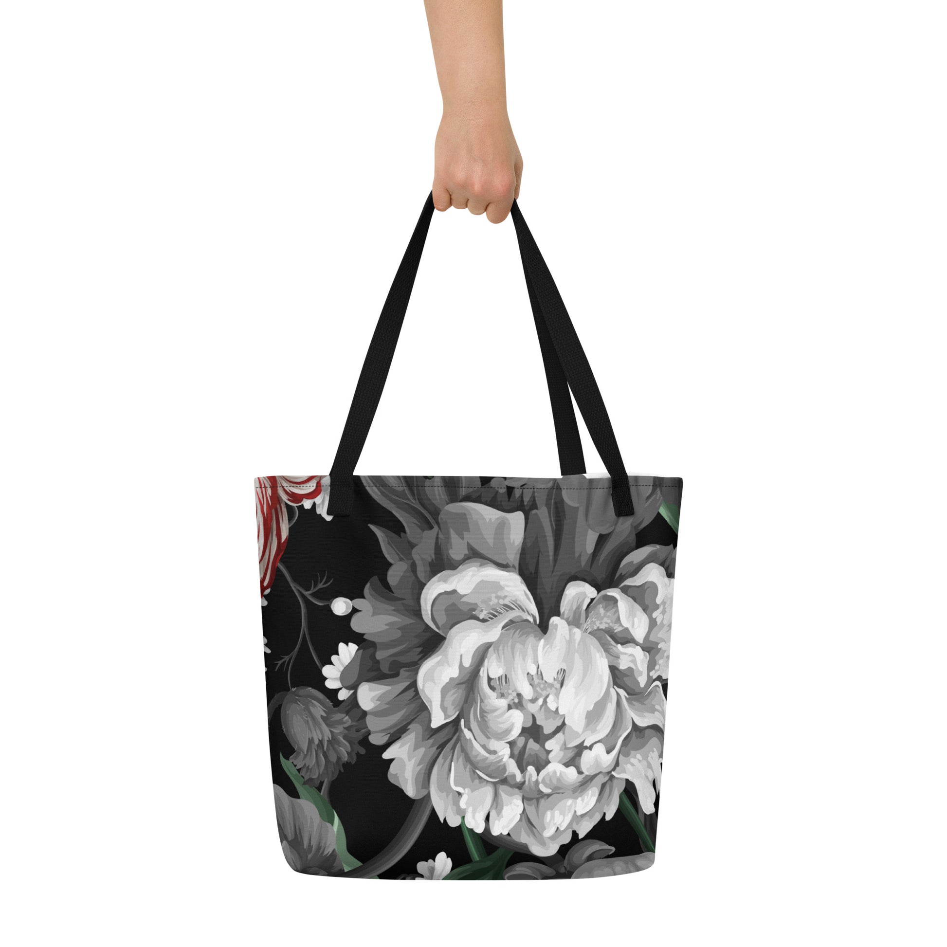 Gothic Black and Red Peony All-Over Print Large Tote Bag CedarHill Country Market