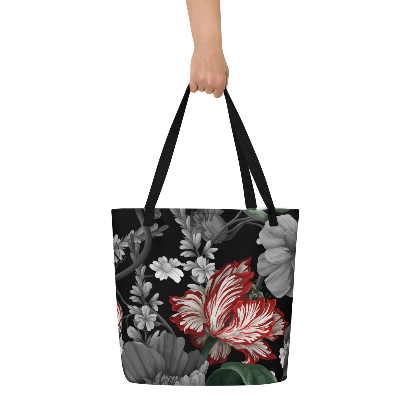 Gothic Black and Red Peony All-Over Print Large Tote Bag CedarHill Country Market
