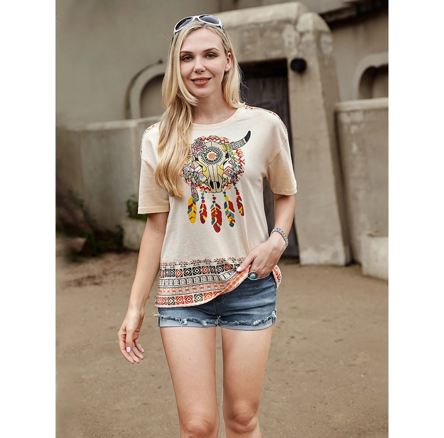 American Bling Retro Ox and Aztec with Rhinestone Decoration Women Short Sleeve T-Shirt CedarHill Country Market