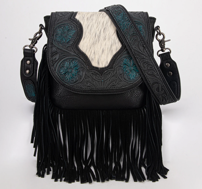 Trinity Ranch Genuine Hair-On Cowhide Tooled Fringe Crossbody Bag Cedar Hill Country Market