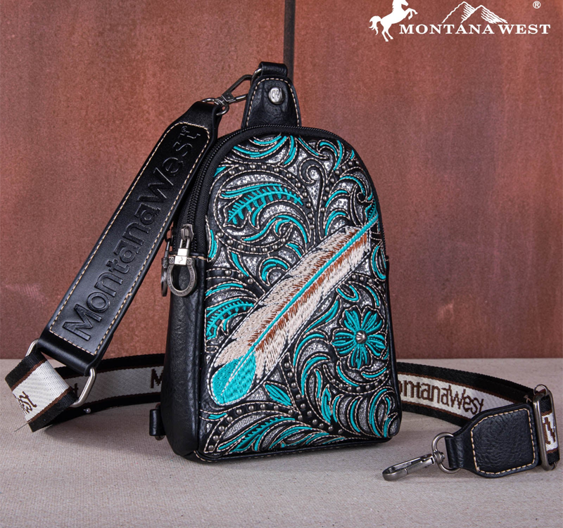 Montana West Embroidered Feather Cut-Out Floral Sling Bag (Black) 2094