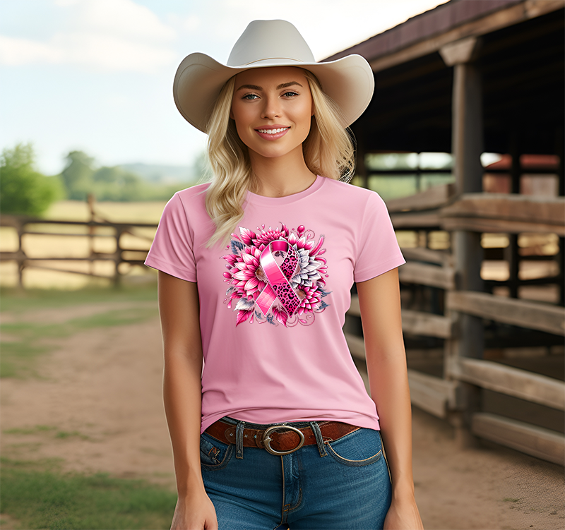 Breast Cancer Floral Leopard Ribbon Graphic T-shirt Cedar Hill Country Market