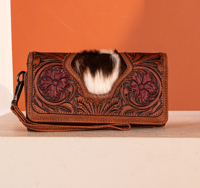 Trinity Ranch Genuine Hair-On Cowhide Tooled Fringe Crossbody Bag with Wallet - BROWN No 714 Cedar Hill Country Market