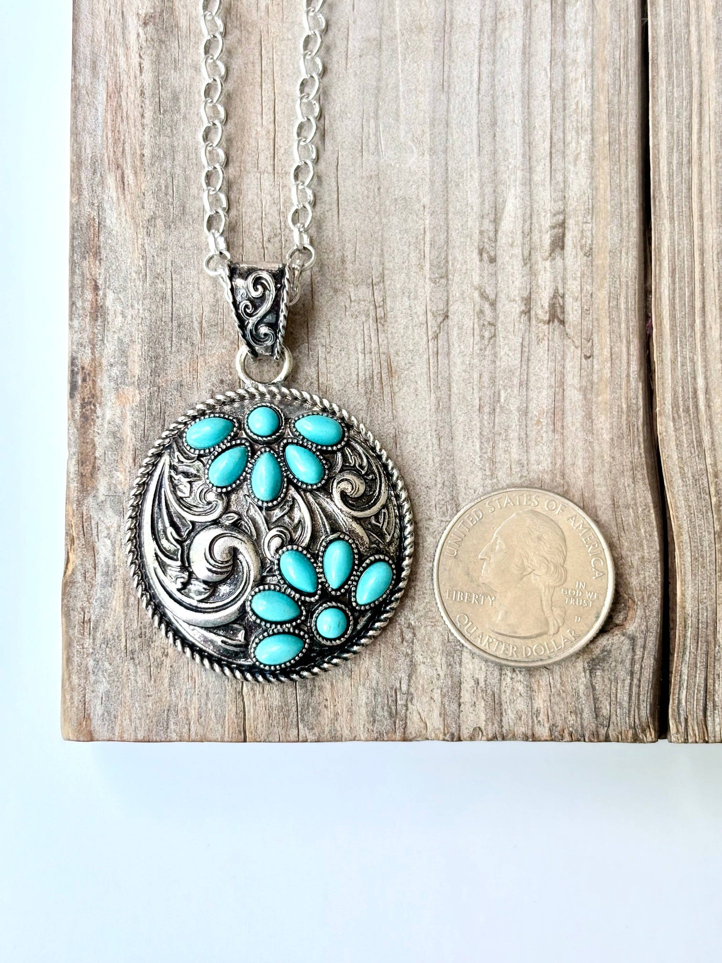 Western Squash Blossom Stone Round Pendant Necklace Boho Ranch Shop