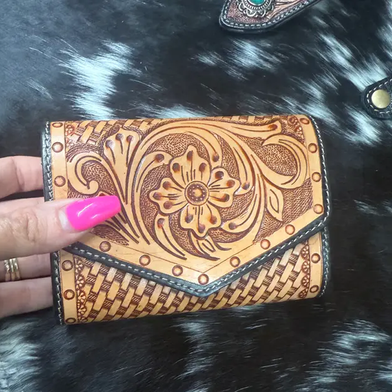 Genuine Leather Hand Tooled Compact Wallet No. 201 Cedar Hill Country Market