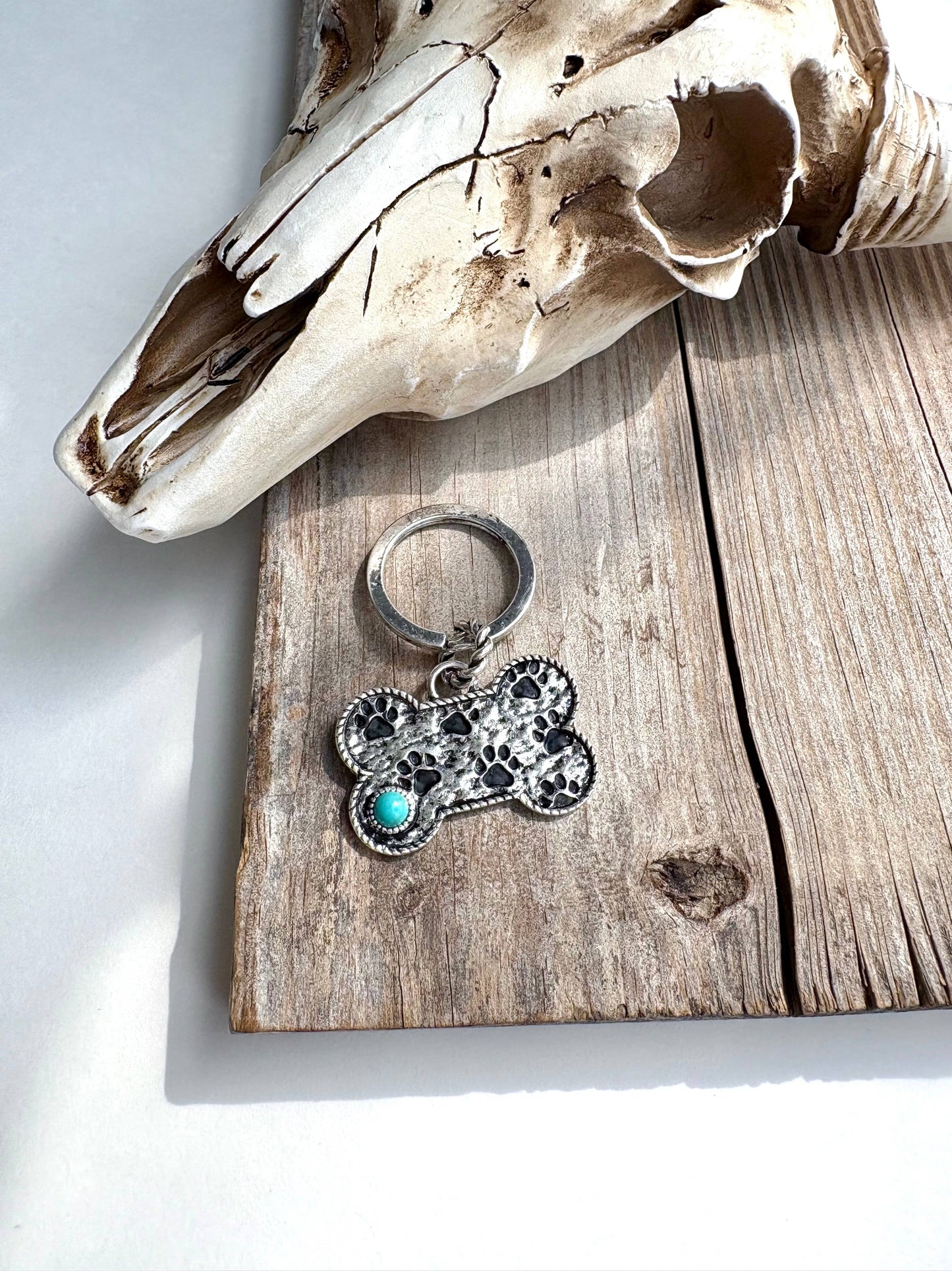 Paw Printed Dog Bone Metal Pendant Keychain Boho Ranch Shop