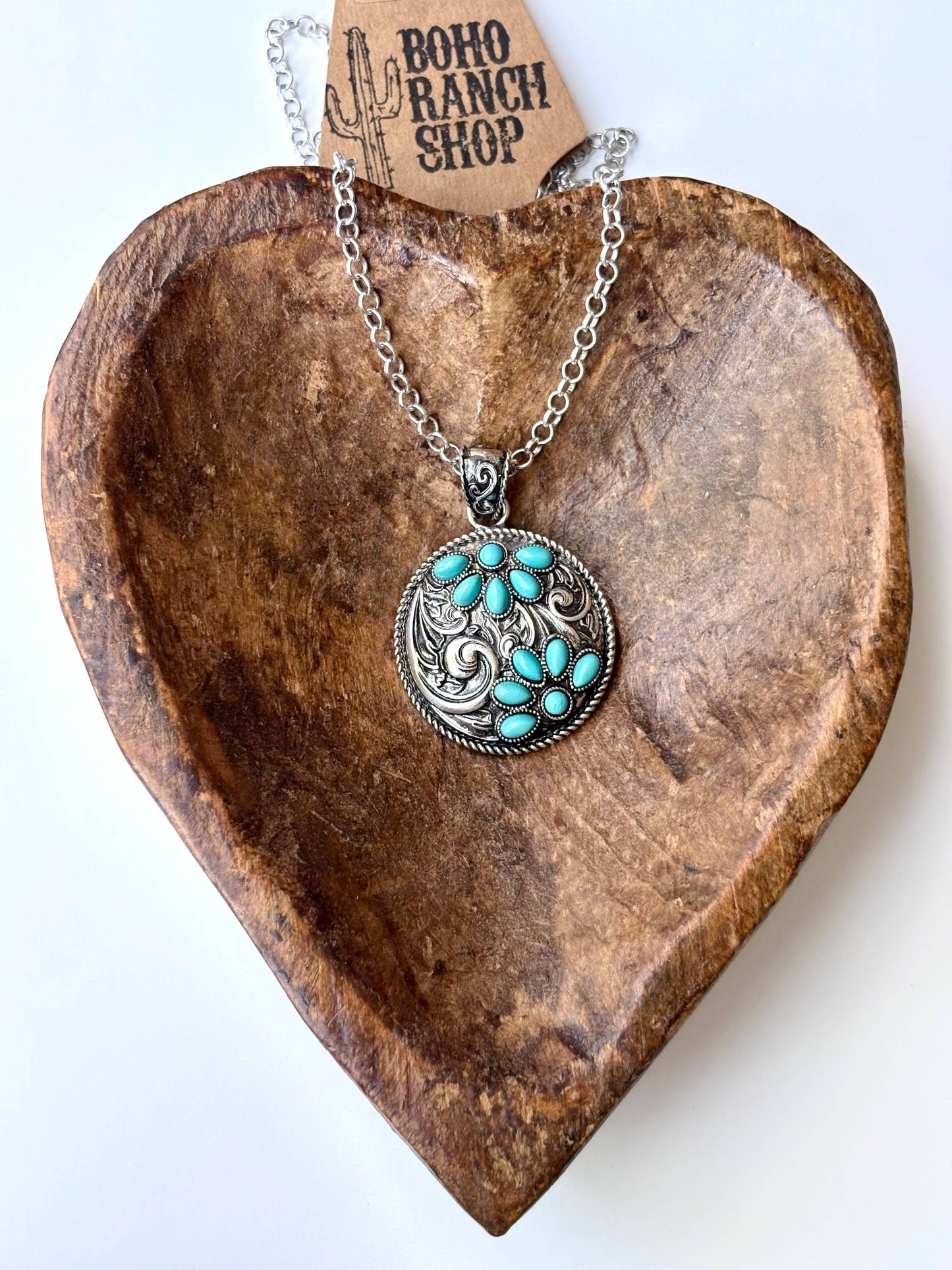 Western Squash Blossom Stone Round Pendant Necklace Boho Ranch Shop