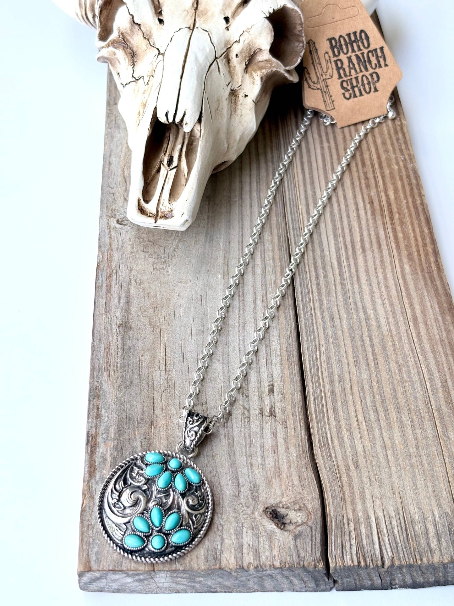 Western Squash Blossom Stone Round Pendant Necklace Boho Ranch Shop