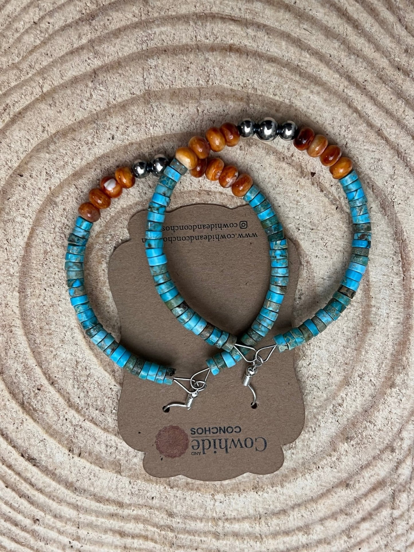 Hoop Earrings With Turquoise, Spiny Oyster & Sterling Silver Pearls - 2 1/4 inch hoops Cowhide and Conchos