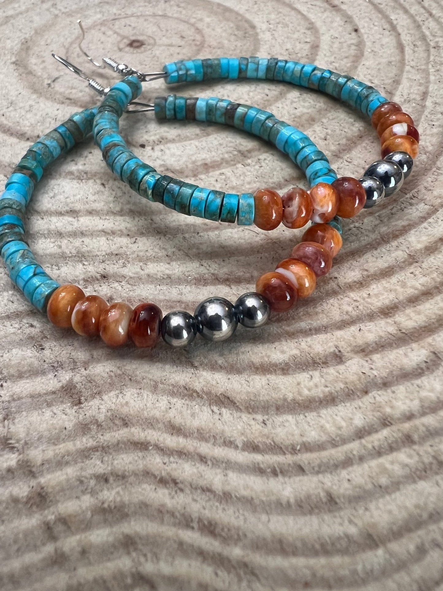 Hoop Earrings With Turquoise, Spiny Oyster & Sterling Silver Pearls - 2 1/4 inch hoops Cowhide and Conchos