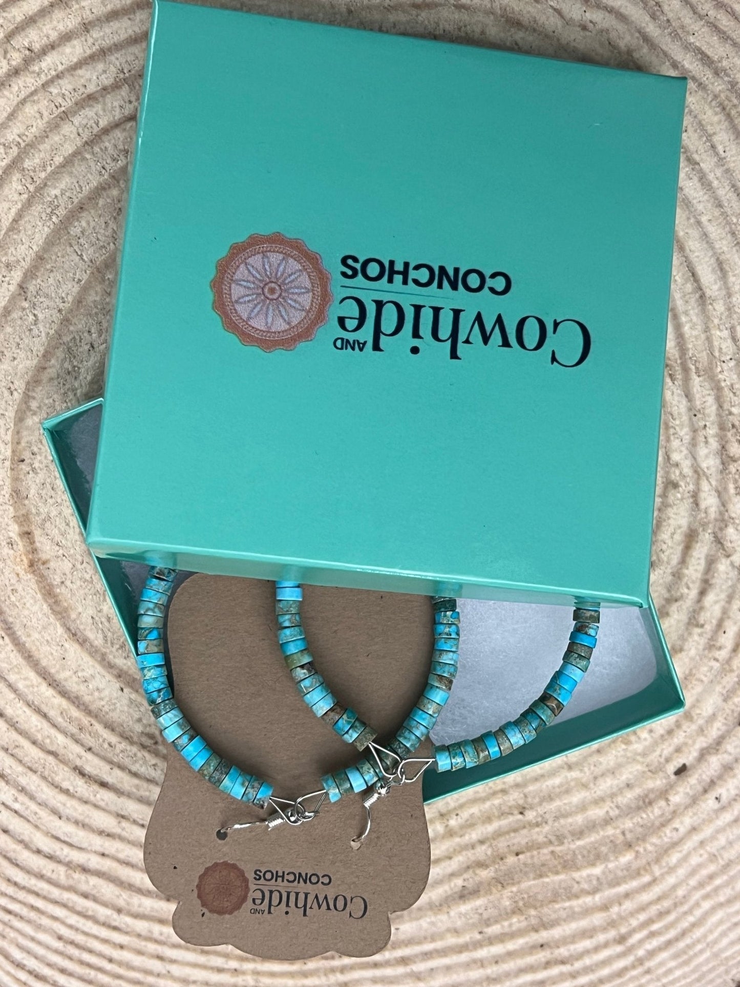 Hoop Earrings With Turquoise, Spiny Oyster & Sterling Silver Pearls - 2 1/4 inch hoops Cowhide and Conchos