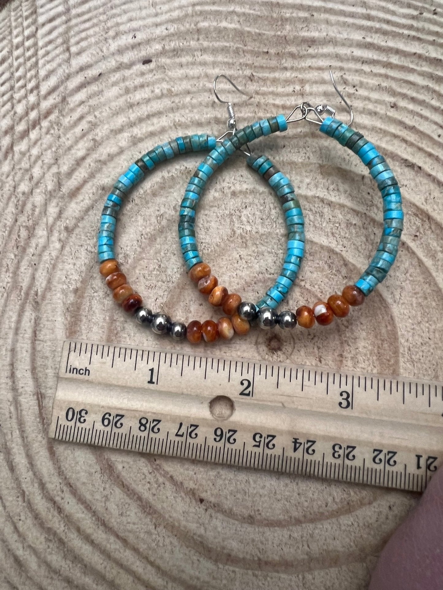 Hoop Earrings With Turquoise, Spiny Oyster & Sterling Silver Pearls - 2 1/4 inch hoops Cowhide and Conchos