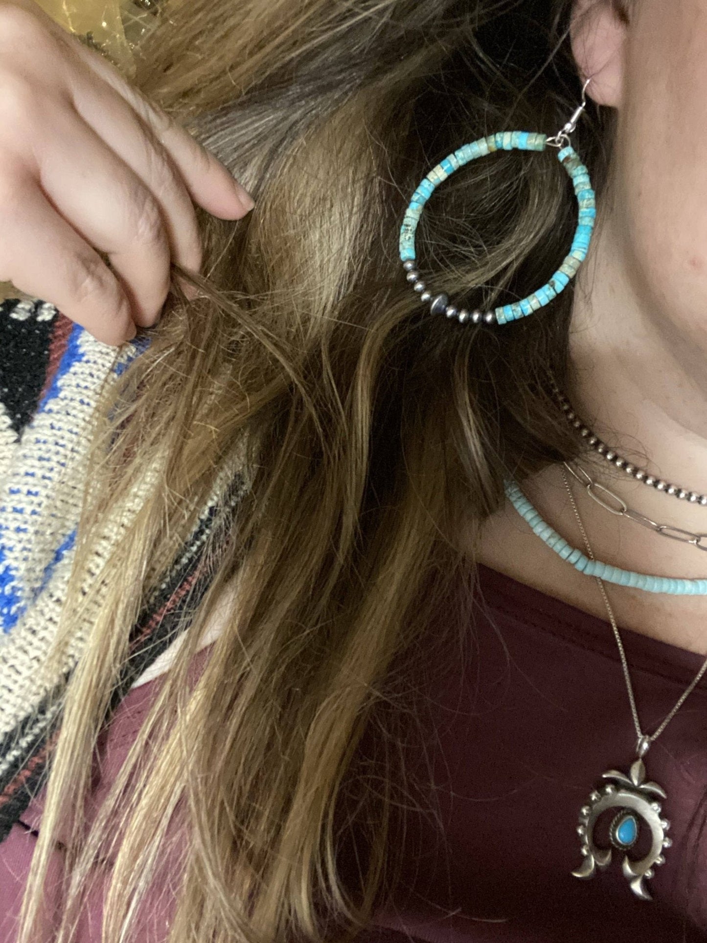 Hoop Earrings With Turquoise & Sterling Silver Pearls & Saucer Cowhide and Conchos