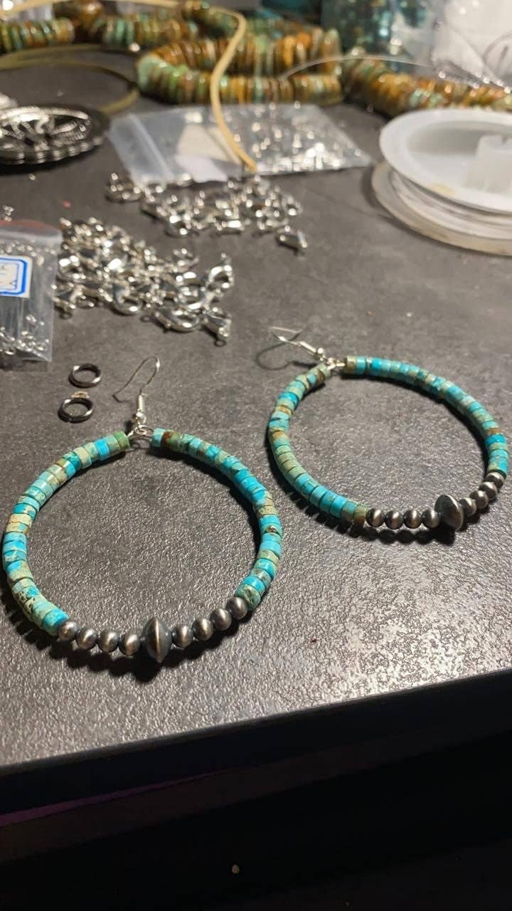 Hoop Earrings With Turquoise & Sterling Silver Pearls & Saucer Cowhide and Conchos