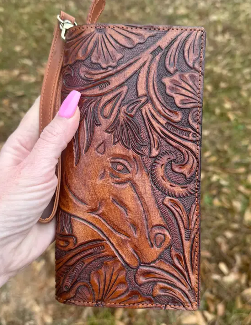 Horse Head Hand Tooled Leather Wallet Wristlet Cedar Hill Country Market