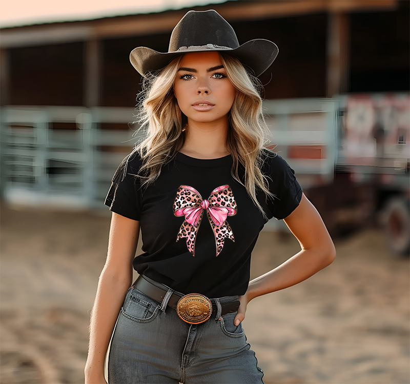 Pink Leopard Bow Graphic Tee CedarHill Country Market