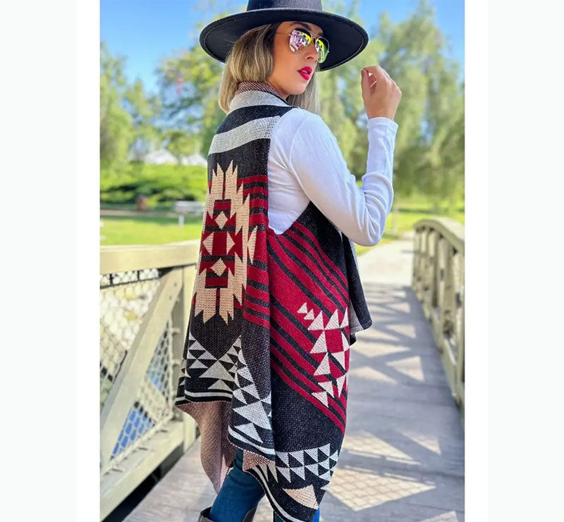 Western Aztec Printed Open Front Knitted Cowl Vest Cedar Hill Country Market