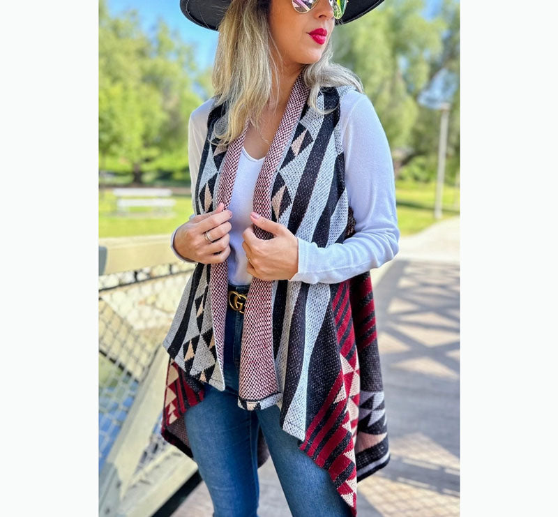 Western Aztec Printed Open Front Knitted Cowl Vest Cedar Hill Country Market
