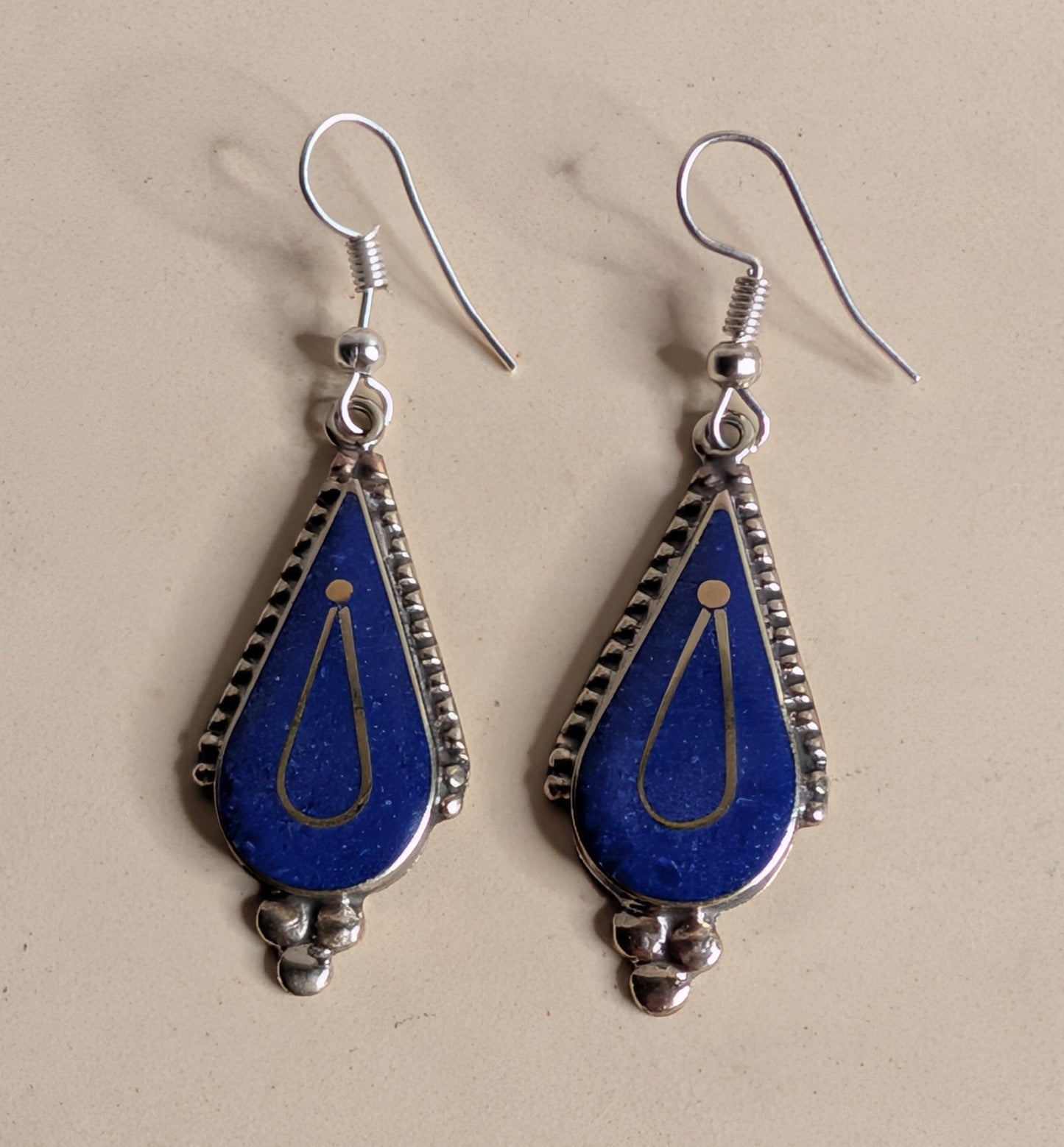 Blue Lapis Teardrop Dangle Earrings with Triple Silver Ball Drop Nizhoni Traders LLC