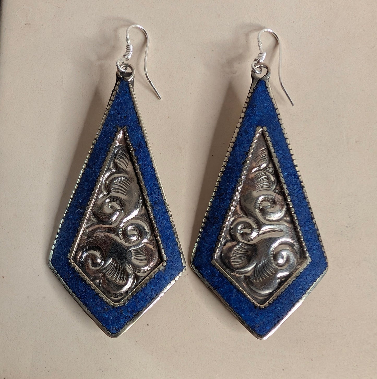 Blue & Silver Embossed Drop Earrings Nizhoni Traders LLC