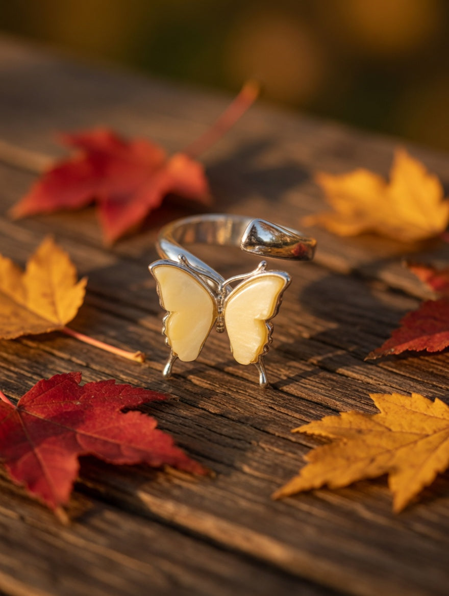 Butterfly Ring Yellow Amber Handmade Sterling Silver Adjustable Nizhoni Traders LLC