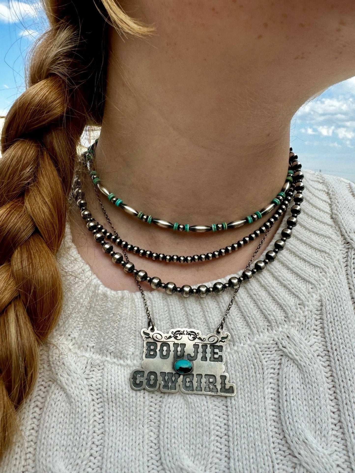 Sterling Melon & Turquoise Bead Choker - 14-inch Cowhide and Conchos