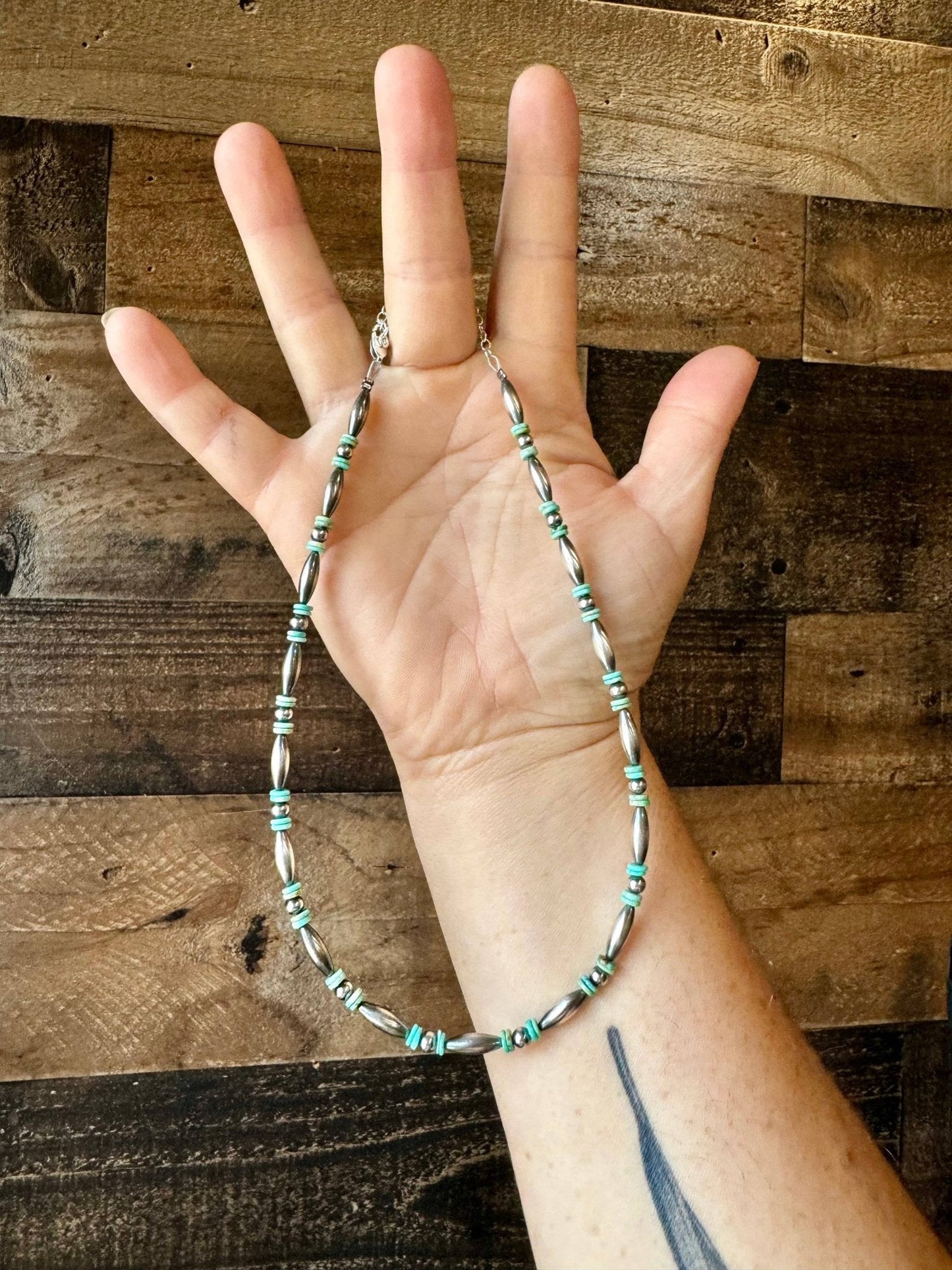Sterling Melon & Turquoise Bead Choker - 14-inch Cowhide and Conchos